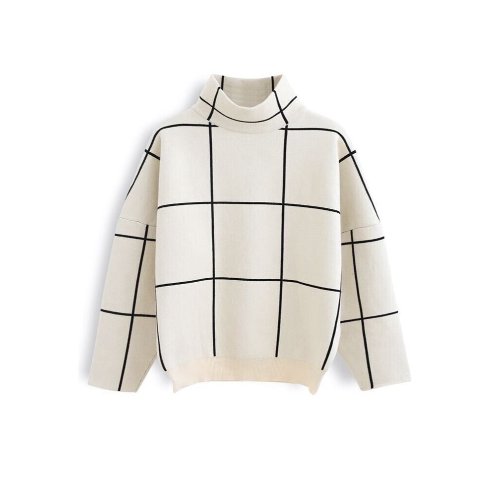 Chicwish Wool Blend Long Sleeve Grid Windowpane Turtleneck Sweater Cream Black